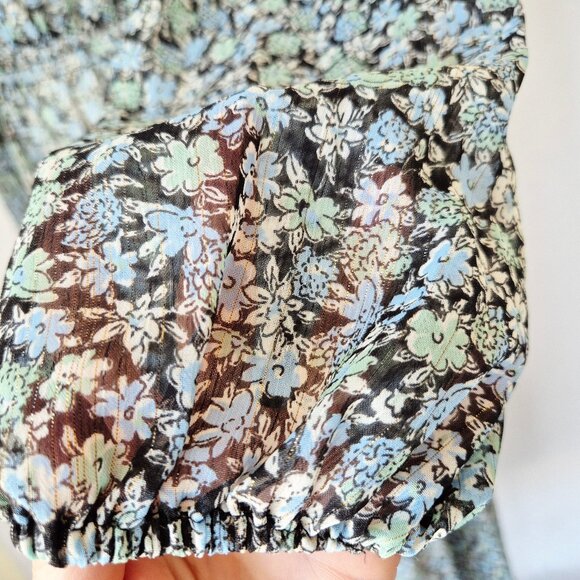 Maje Renaza Floral Sheer Chiffon Tiered Midi Dress Long Sleeve Metallic Blue - Picture 5 of 16